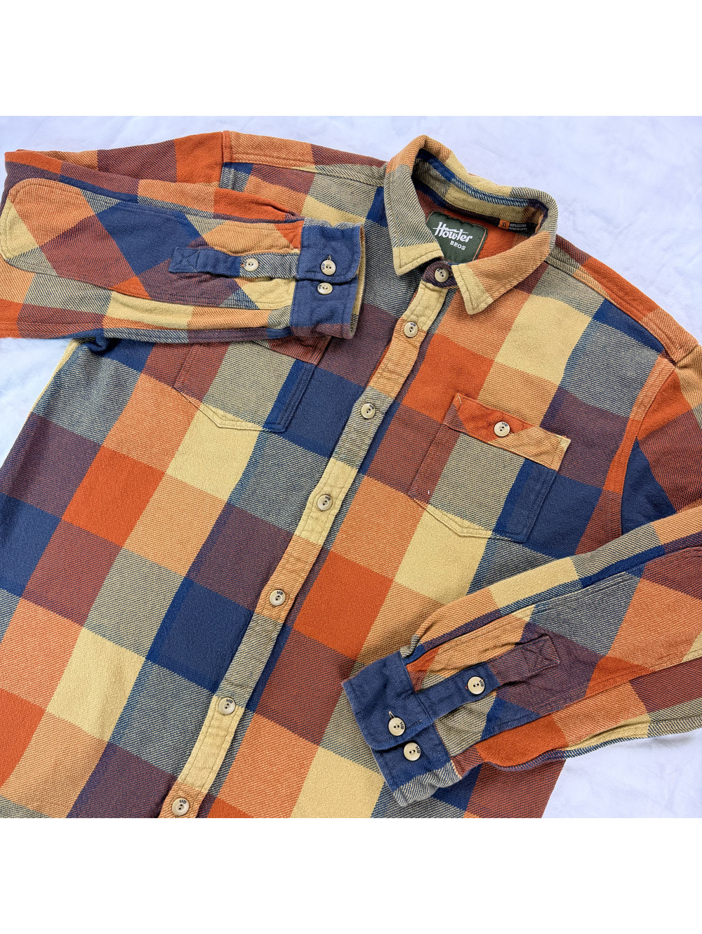 Howler Bros Rodanthe Blanket Flannel Shirt Mens XL Orange Blue Plaid Elbow Patch